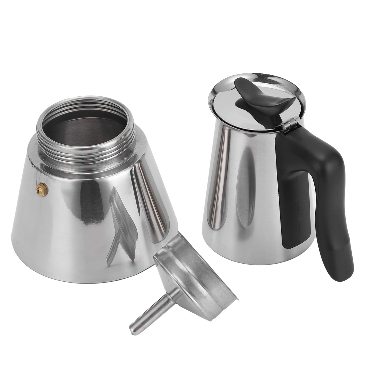 Zerlegter Kaffeebereiter mit drei Teilen: Basis, Oberteil und Filter.