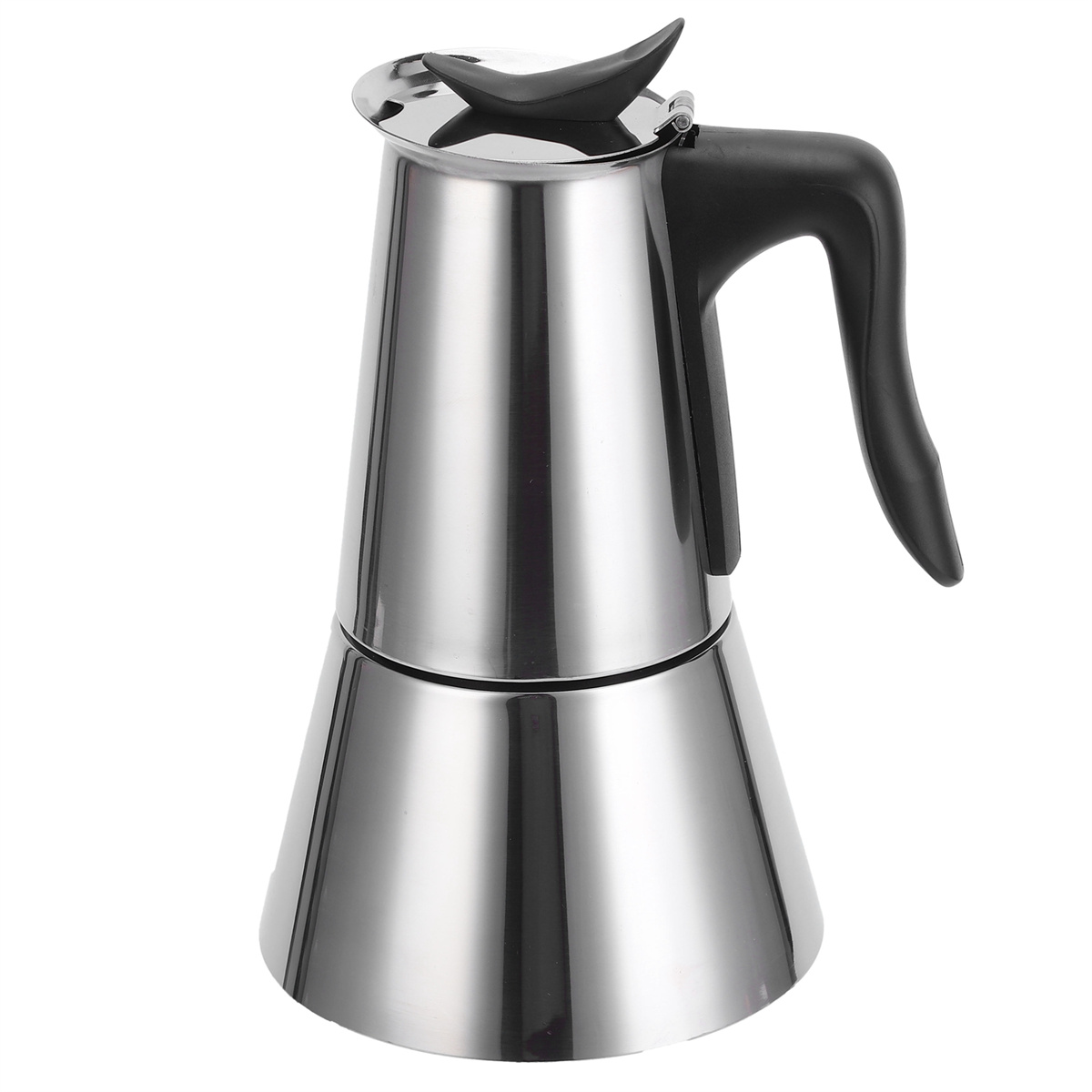Ein Espressobereiter aus Edelstahl auf weißem Hintergrund, mit schwarzem Griff und Deckel.