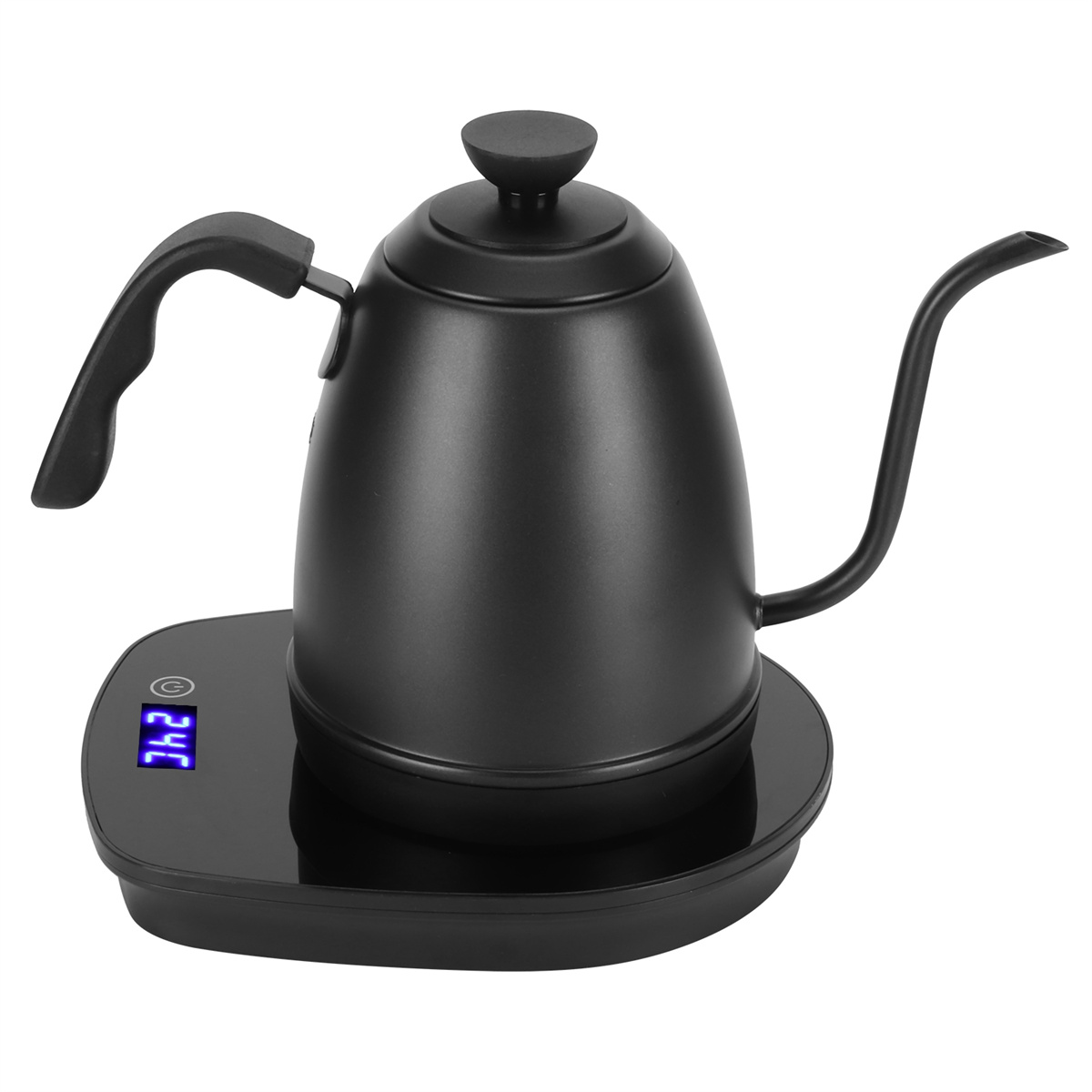 Ein schwarzer Wasserkocher steht auf einem schwarzen Sockel mit digitaler Anzeige.
