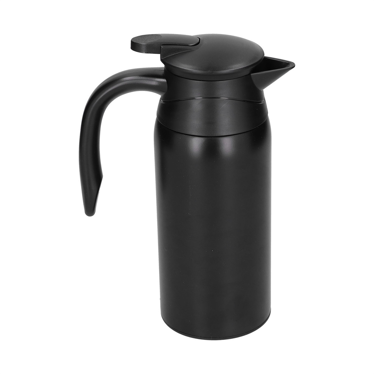 Schwarze Thermoskanne mit Griff und Deckel auf weißem Hintergrund.