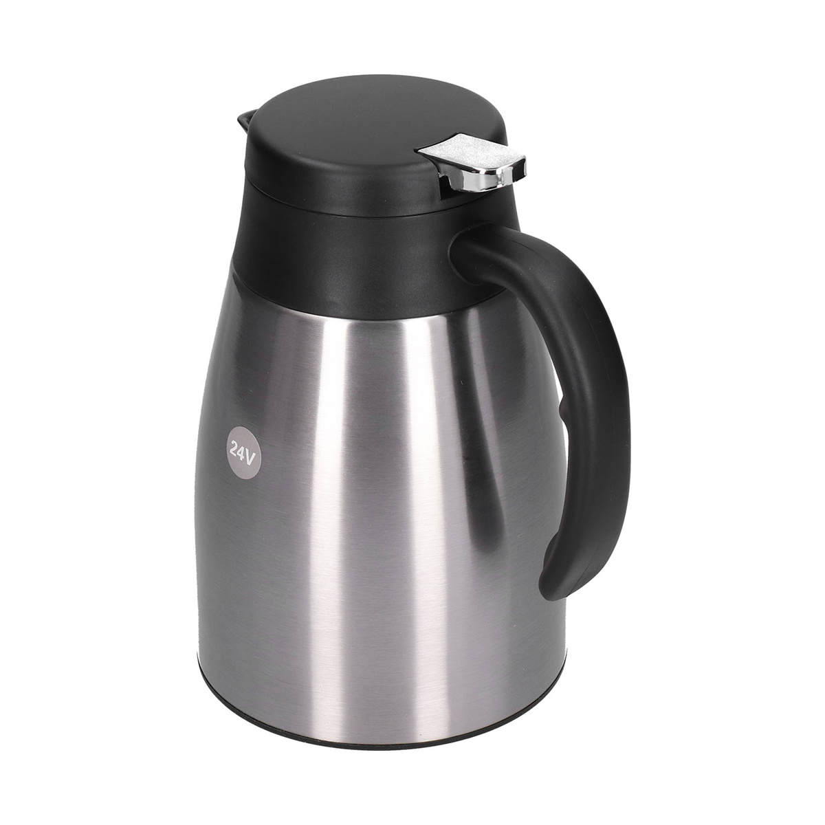 Eine silber-schwarze isolierte Thermoskanne mit Griff, schwarzem Deckel und der Markierung '24V' an der Seite.