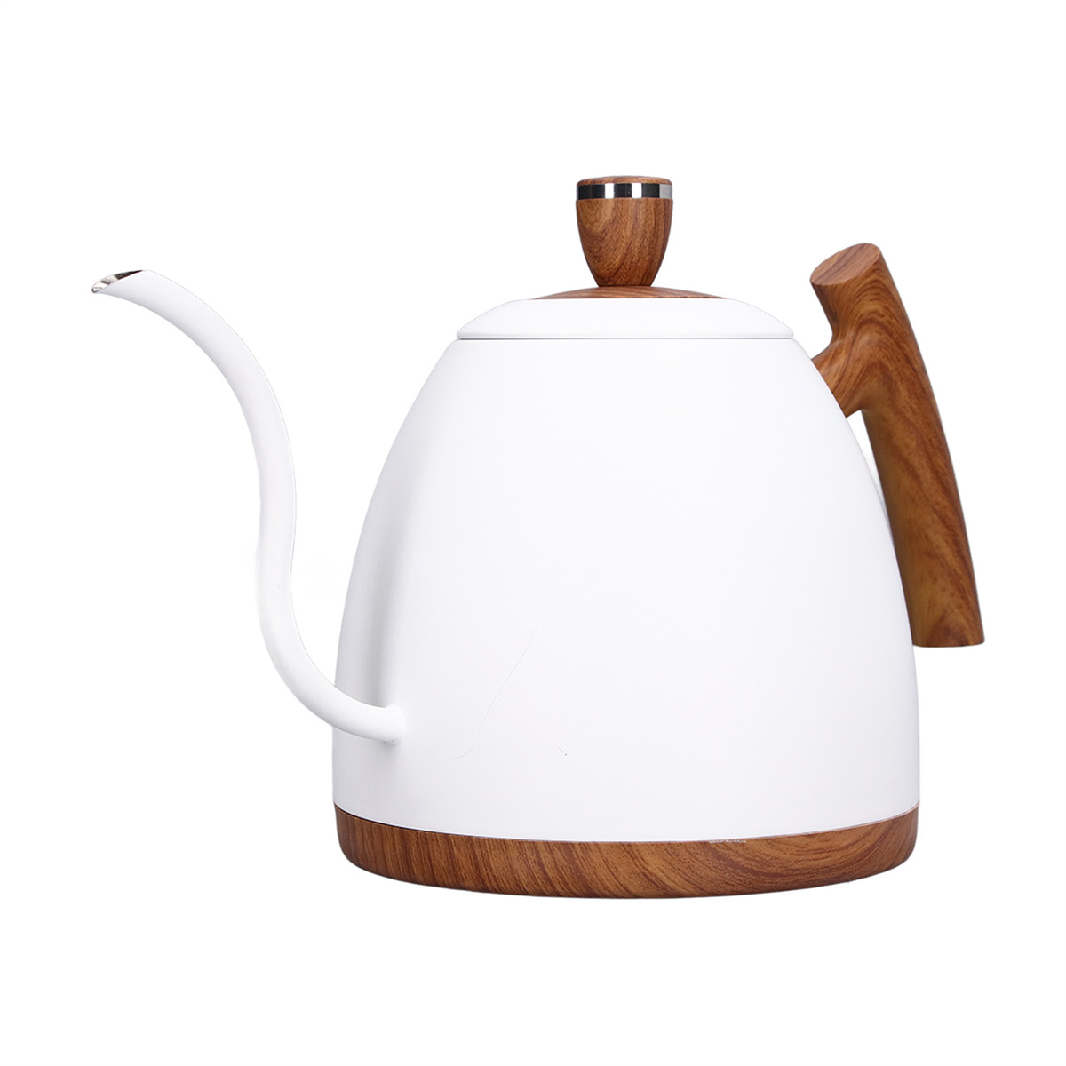 Weißer Schwanenhalskessel mit Holzgriff und -boden, mit einer Tasse Kaffee.