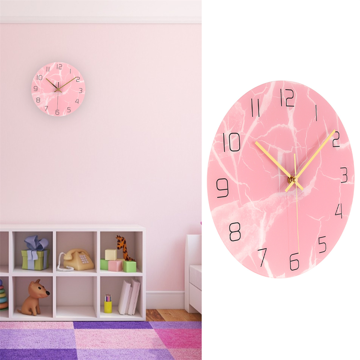 Eine rosa Wanduhr mit Marmormuster an einer rosa Wand und eine Nahaufnahme der Uhr.