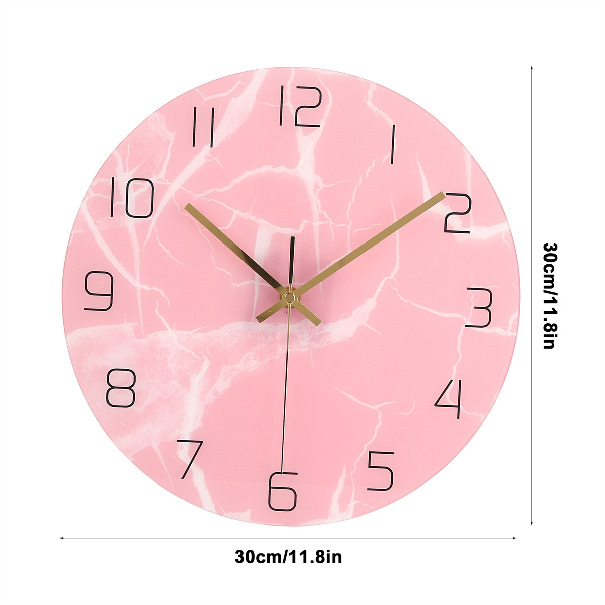 Eine rosa Wanduhr mit Marmormuster. Die Abmessungen werden als 30cm/11,8in angezeigt.