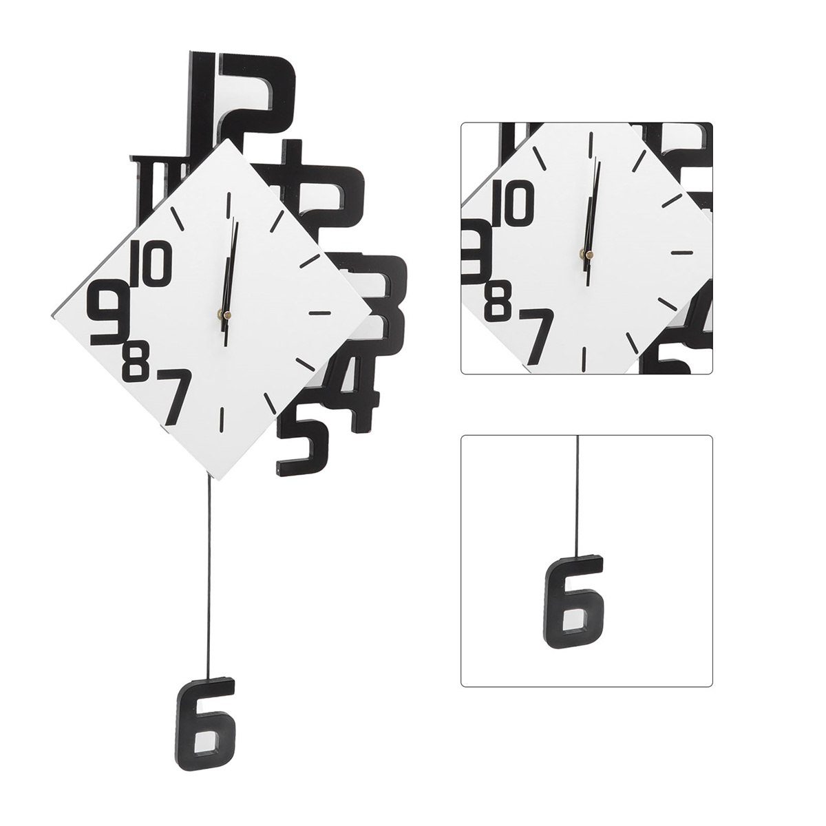 Schwarz-weiße Uhr mit schwebenden Zahlen. Eine Zahl 6 hängt darunter. Zusätzliche Nahaufnahmen.