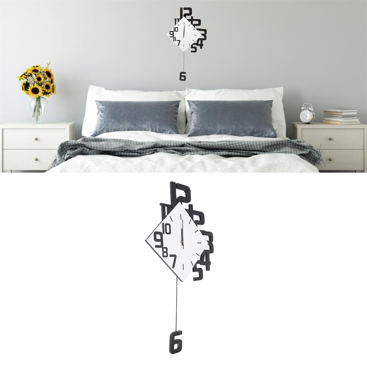 Eine moderne Uhr an einer Wand und eine separate Uhr. Die Uhr hat ein einzigartiges Design.