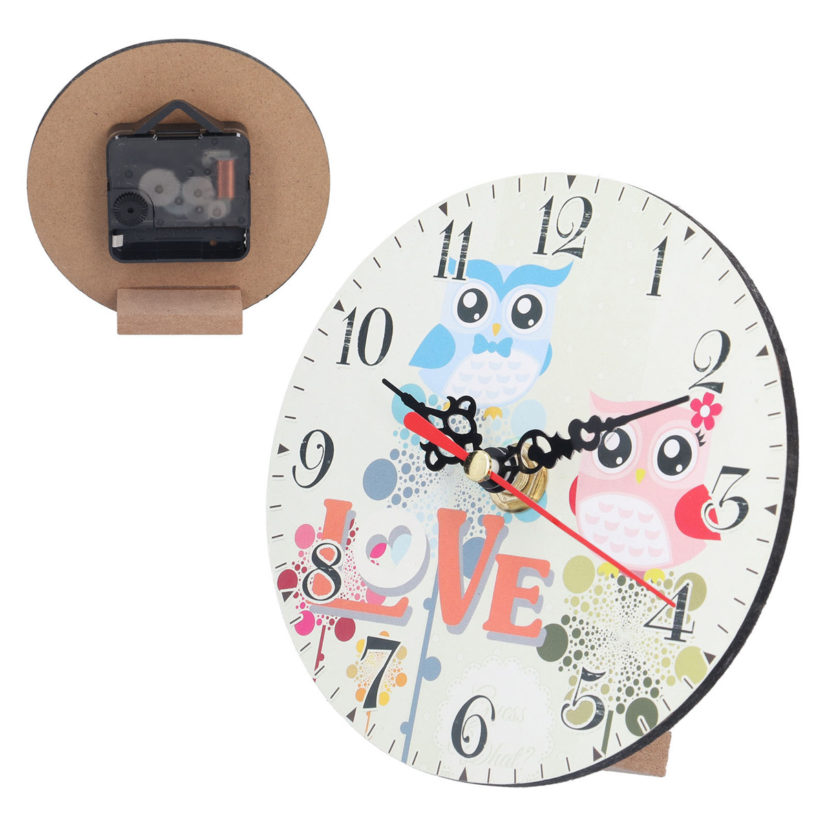 Eulen-Uhr mit zwei Eulen und dem Wort LIEBE. Separater Uhrwerk.