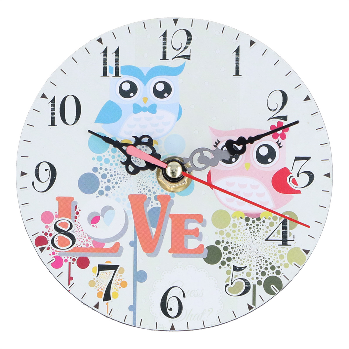 Runde Uhr mit Eulen-Illustrationen und dem Wort LIEBE in Orange.