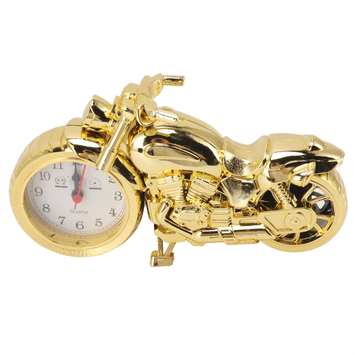 Eine goldene Motorraduhr. Das Zifferblatt befindet sich am Vorderrad.