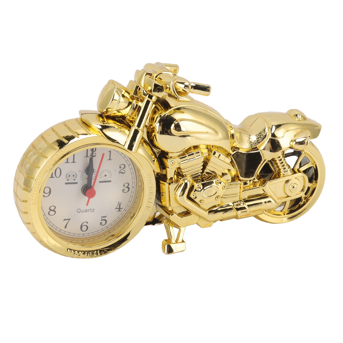 Goldene Motorrad-förmige Uhr. Das Zifferblatt ist weiß mit schwarzen Zahlen und roten Zeigern.