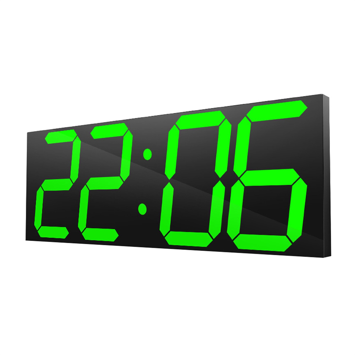 Eine schwarze Digitaluhr zeigt die Uhrzeit 22:06 mit grüner Anzeige an.