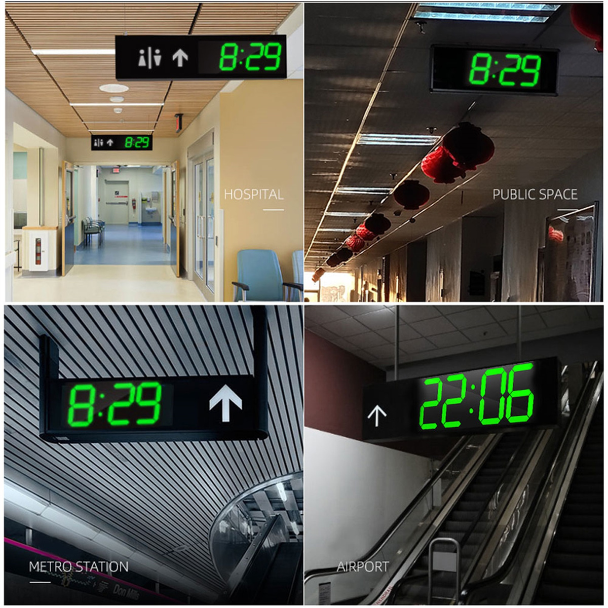Vier Bilder: Digitaluhren mit der Anzeige 8:29 und 22:06 in Krankenhaus-, öffentlichen Raum-, U-Bahn- und Flughafeneinstellungen.