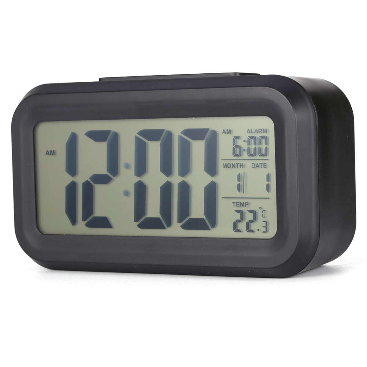 Schwarze Digitaluhr mit Anzeige von 12:00 Uhr AM, Alarm, Datum und Temperatur.