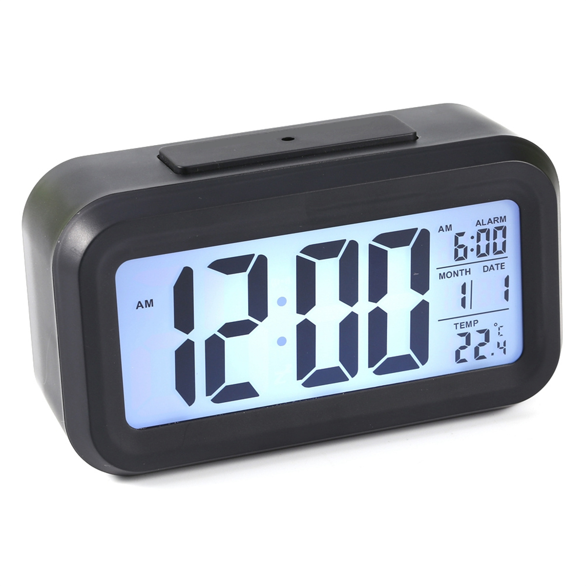 Schwarzer digitaler Wecker. Zeigt Uhrzeit, Datum und Temperatur an.