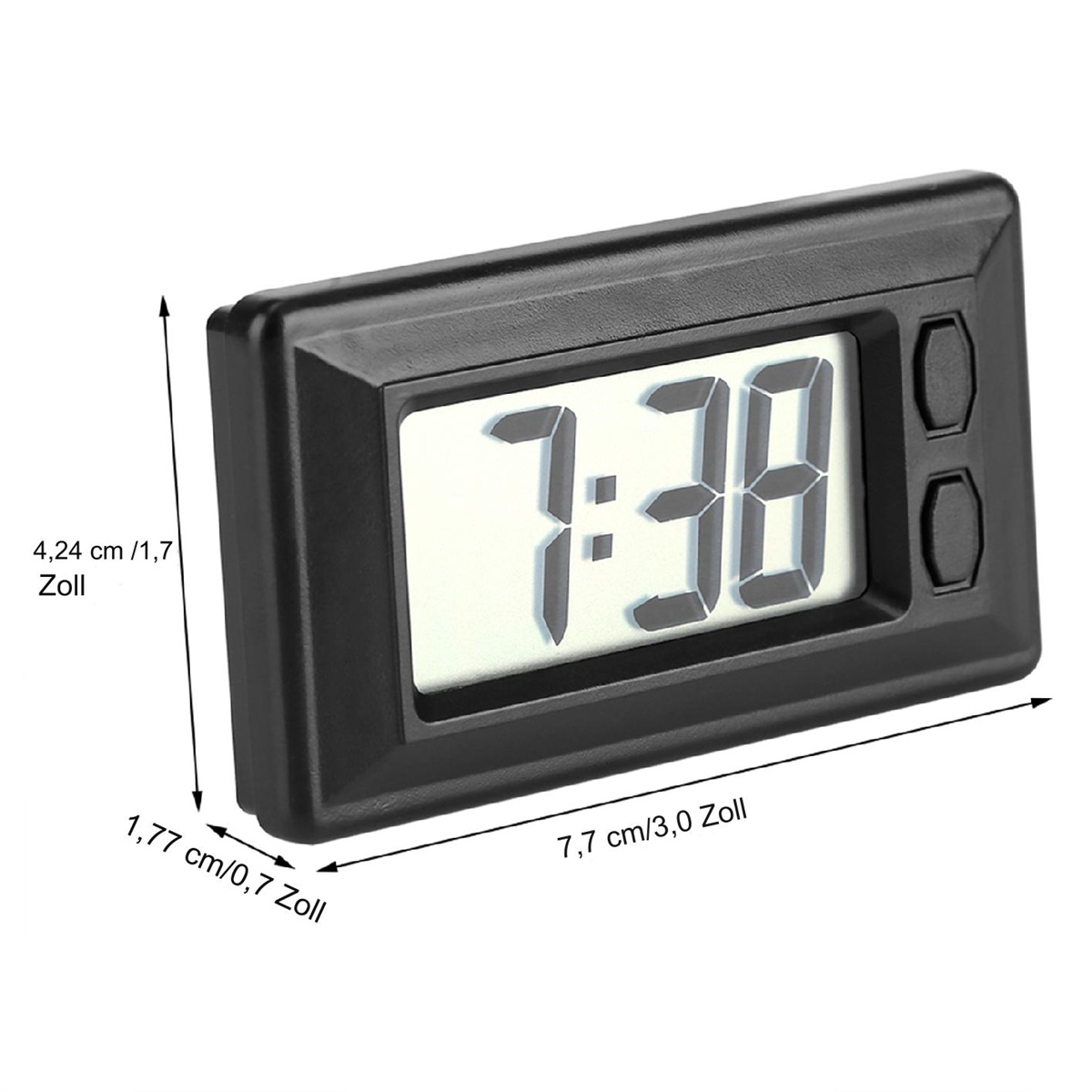 Eine kleine schwarze Digitaluhr zeigt die Uhrzeit an. Die Abmessungen sind in cm und Zoll angegeben.