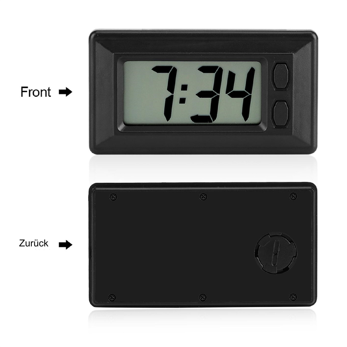 Eine schwarze Digitaluhr mit der Anzeige 7:34. Vorder- und Rückseite werden gezeigt. Die Uhr ist rechteckig.