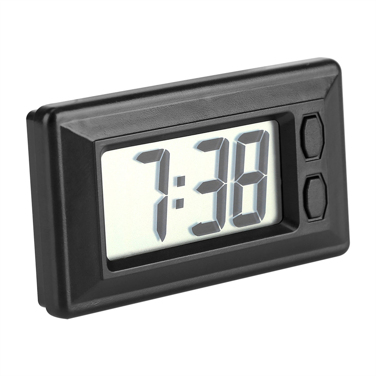 Schwarze Digitaluhr mit der Anzeige 7:38 auf weißem Hintergrund.