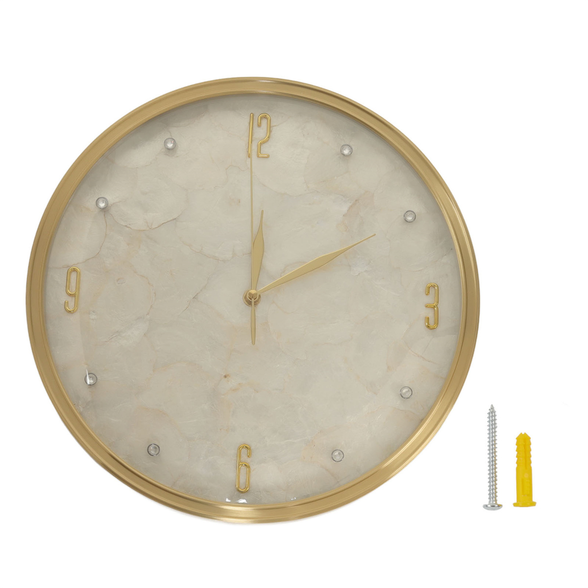 Runde goldene Uhr mit goldenen Zeigern und Zahlen, weißes Zifferblatt und Schrauben.