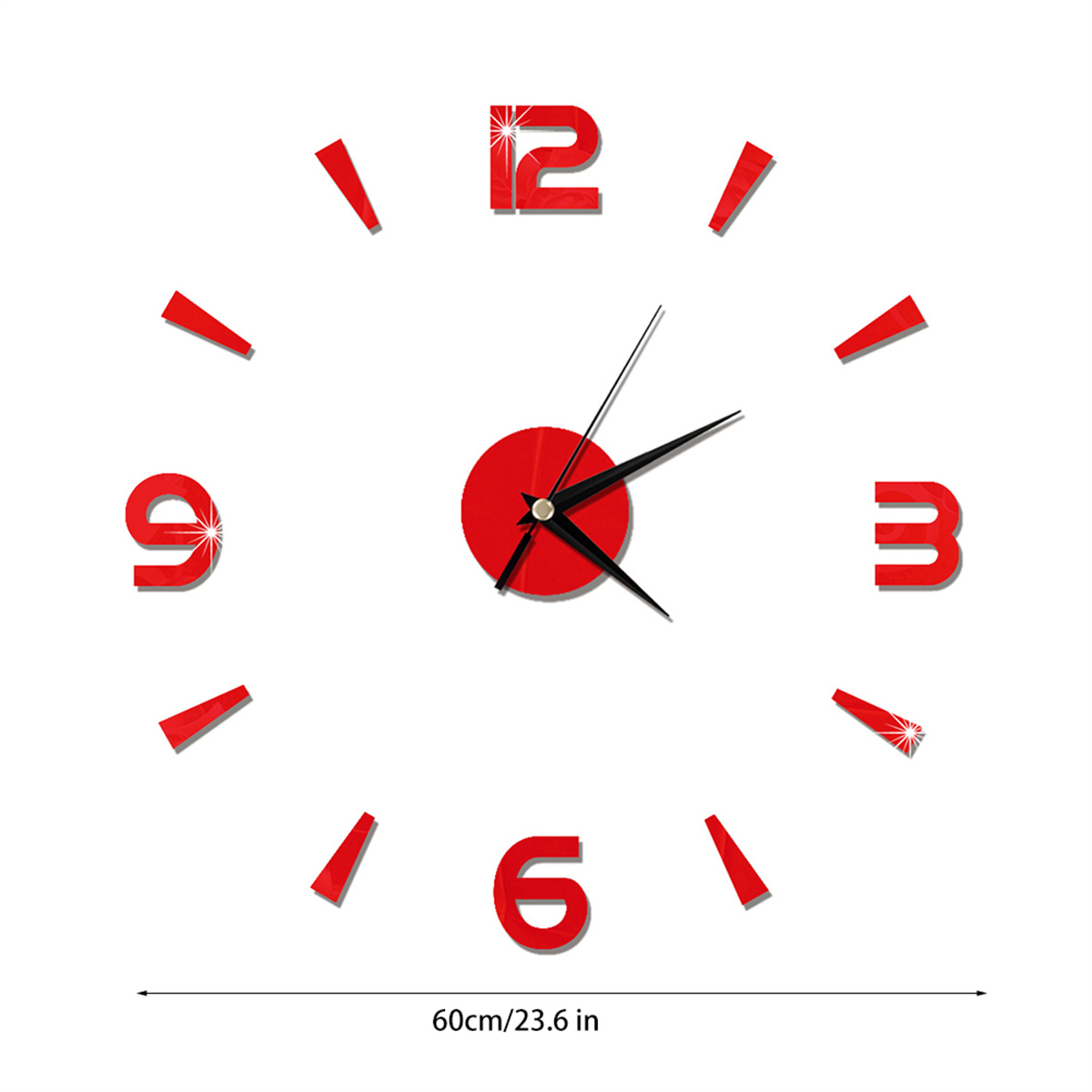 Wanduhr mit roten Zahlen und Zeigern auf weißem Hintergrund, mit Maß.