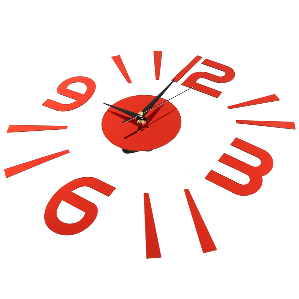 Rote moderne Uhr mit roten Zahlen und Zeigern auf weißem Hintergrund.