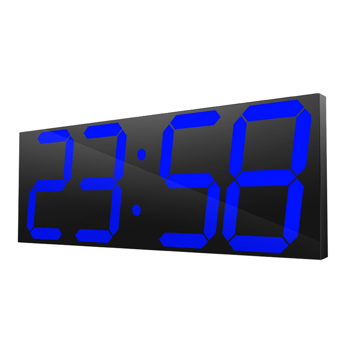 Eine Digitaluhr mit der Anzeige 23:58 in blauen Ziffern. Die Uhr hat einen schwarzen Rahmen.