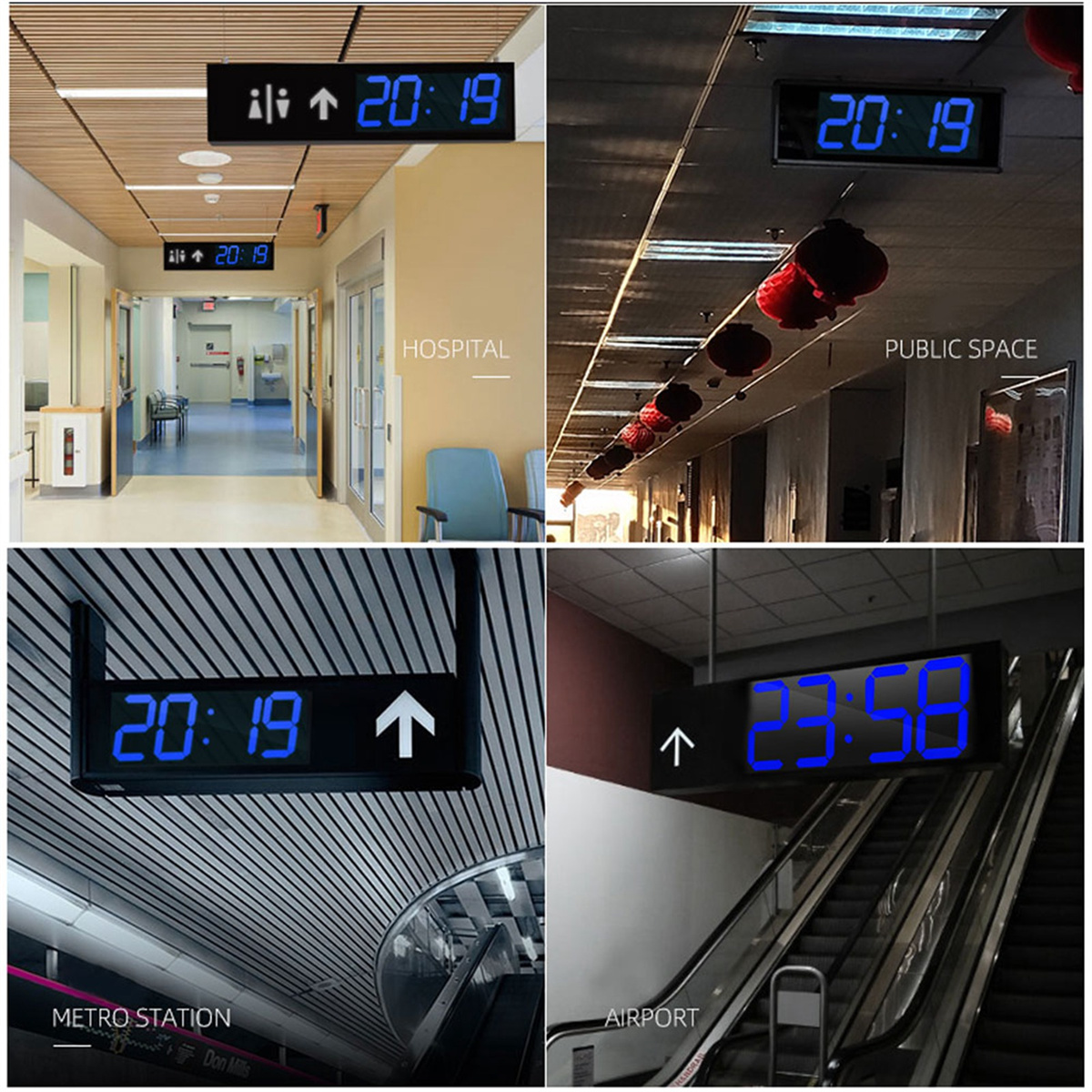 Digitaluhren in verschiedenen öffentlichen Räumen, die 20:19 und 23:58 anzeigen.