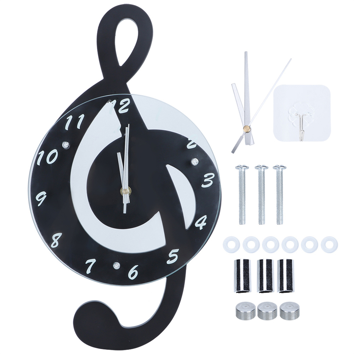 Eine Noten-Uhr mit Zeigern und Montagematerial wird auf weißem Hintergrund gezeigt.