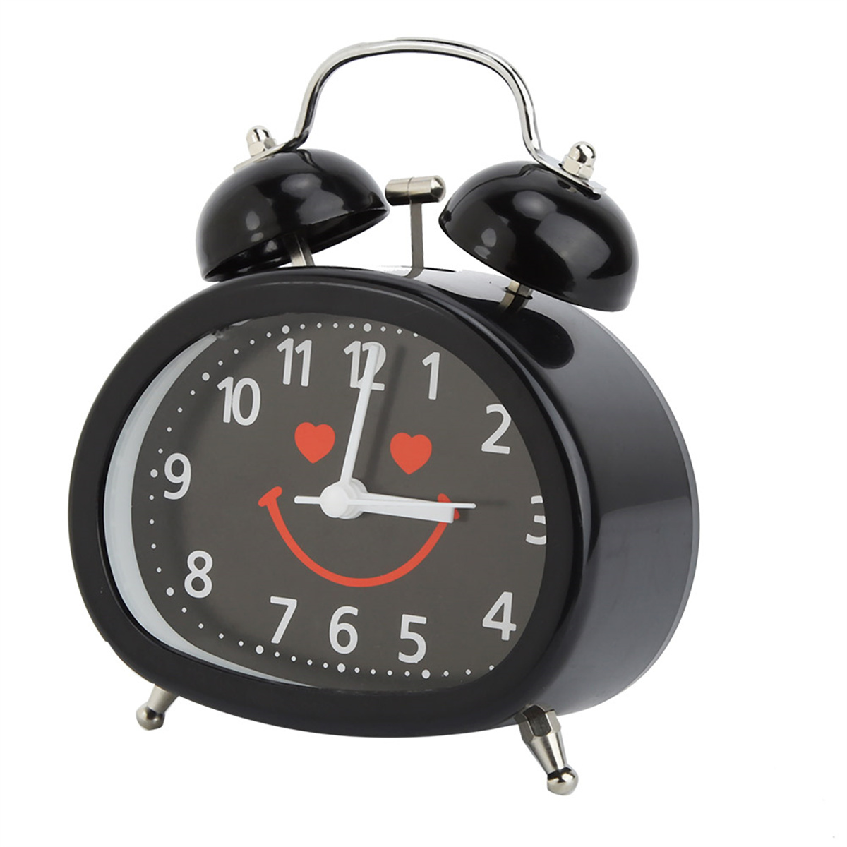 Schwarzer Wecker mit Smiley-Gesicht auf dem Zifferblatt.