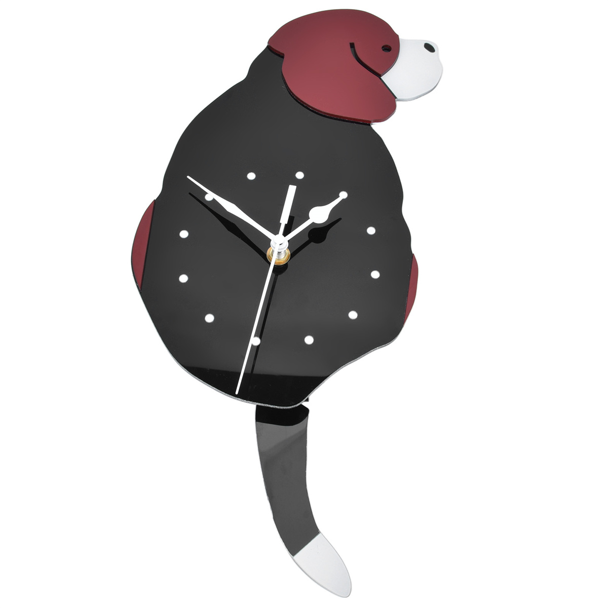 Eine hundeförmige Uhr mit schwarzem Körper und rotem Kopf. Die Uhr hat weiße Punkte als Stundenmarkierungen.