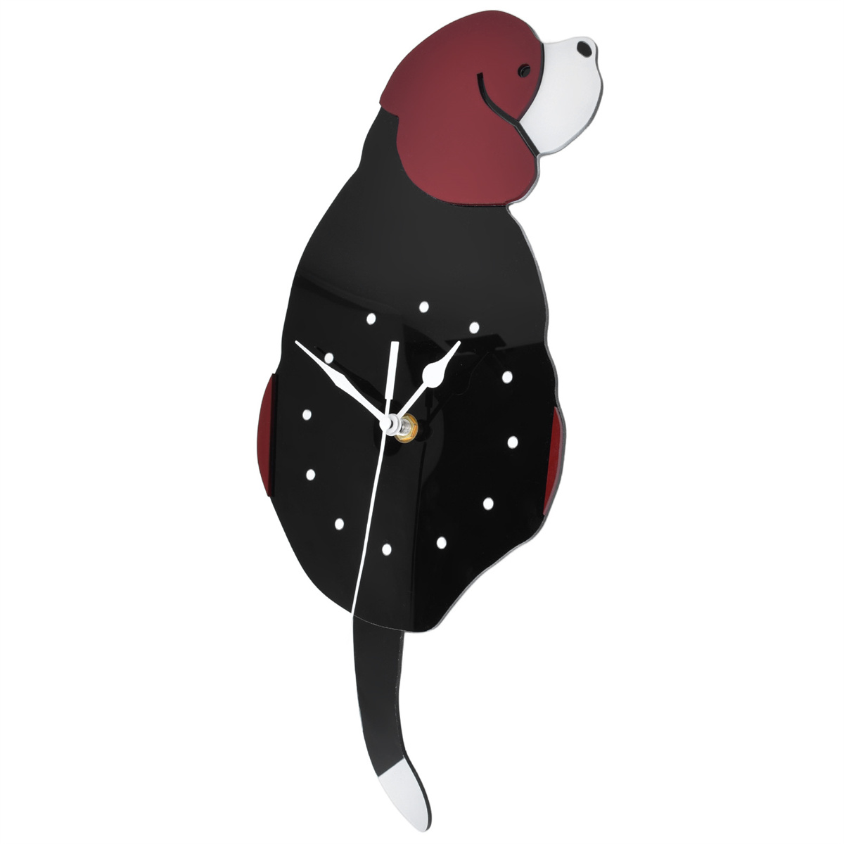 Hundeförmige Wanduhr, schwarz mit roten Ohren und weißem Gesicht.