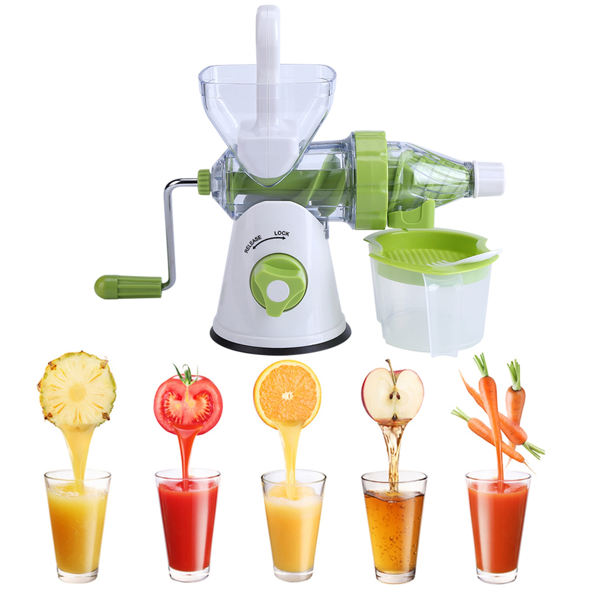 Manuelle Saftpresse, die Saft aus Ananas, Tomate, Orange, Apfel und Karotten in Gläser presst.
