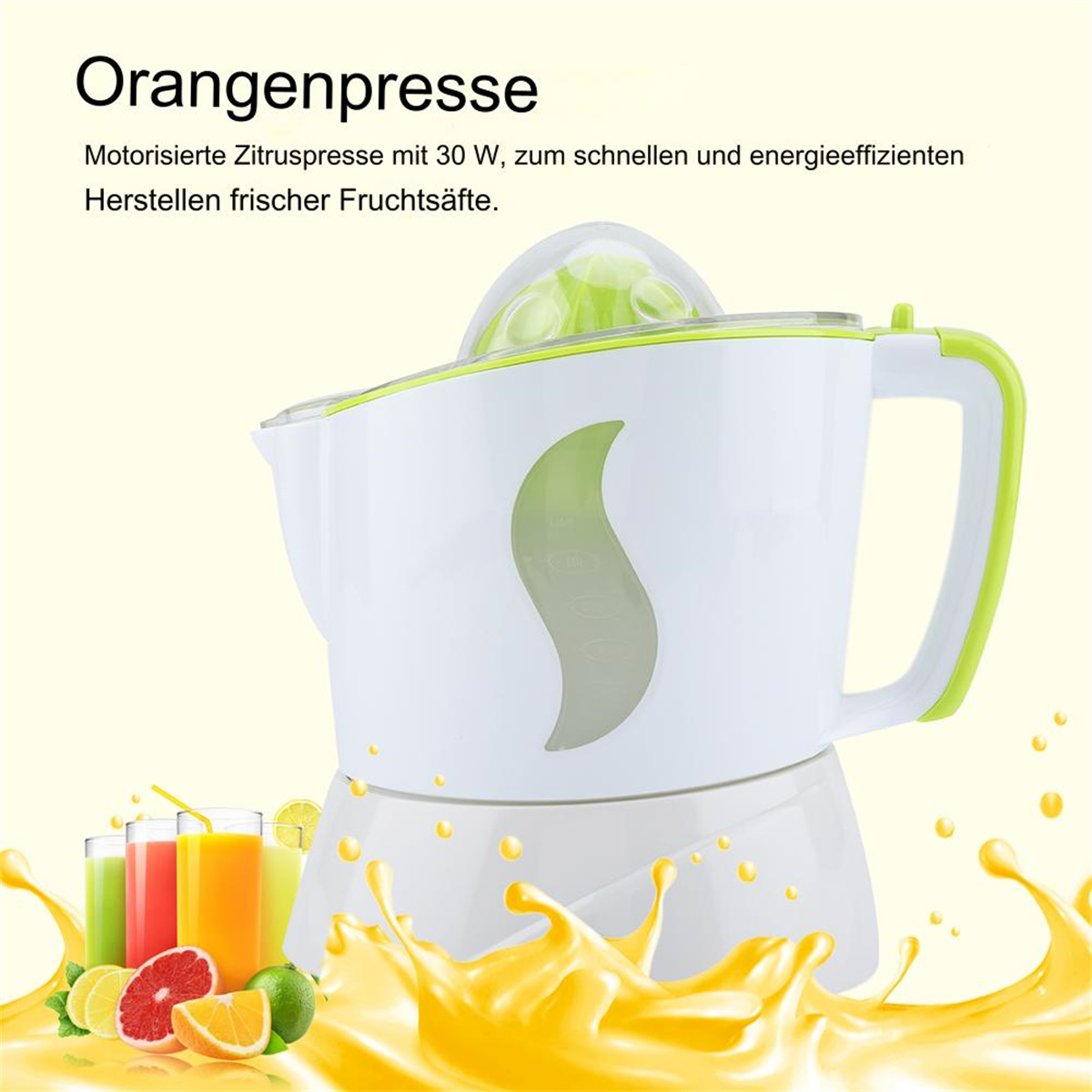 Ein weißer und grüner Entsafter mit einer Anzeige von Saftgläsern und Obst.