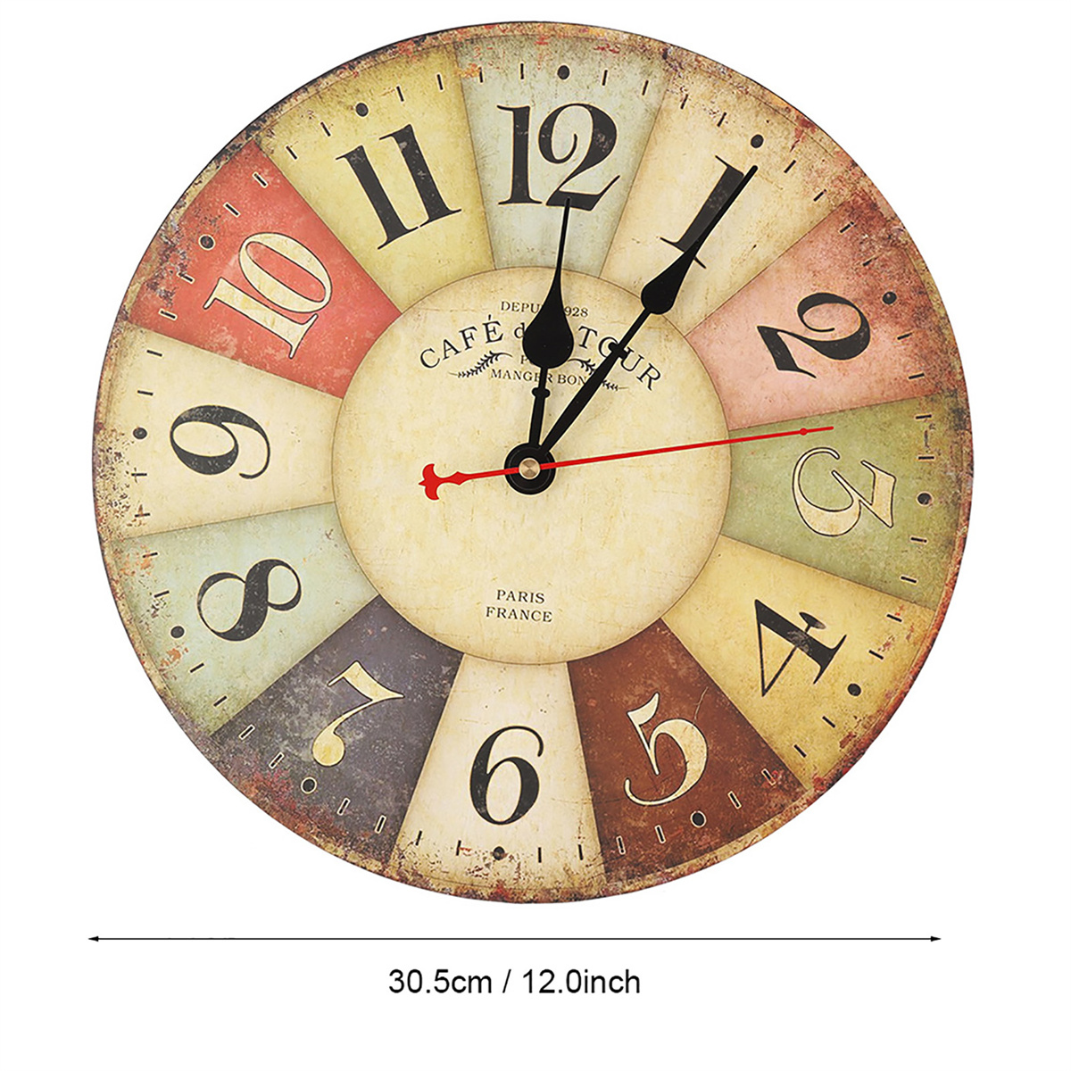 Eine runde Vintage-Uhr mit buntem Zifferblatt. Sie hat große schwarze Zahlen und schwarze Zeiger.