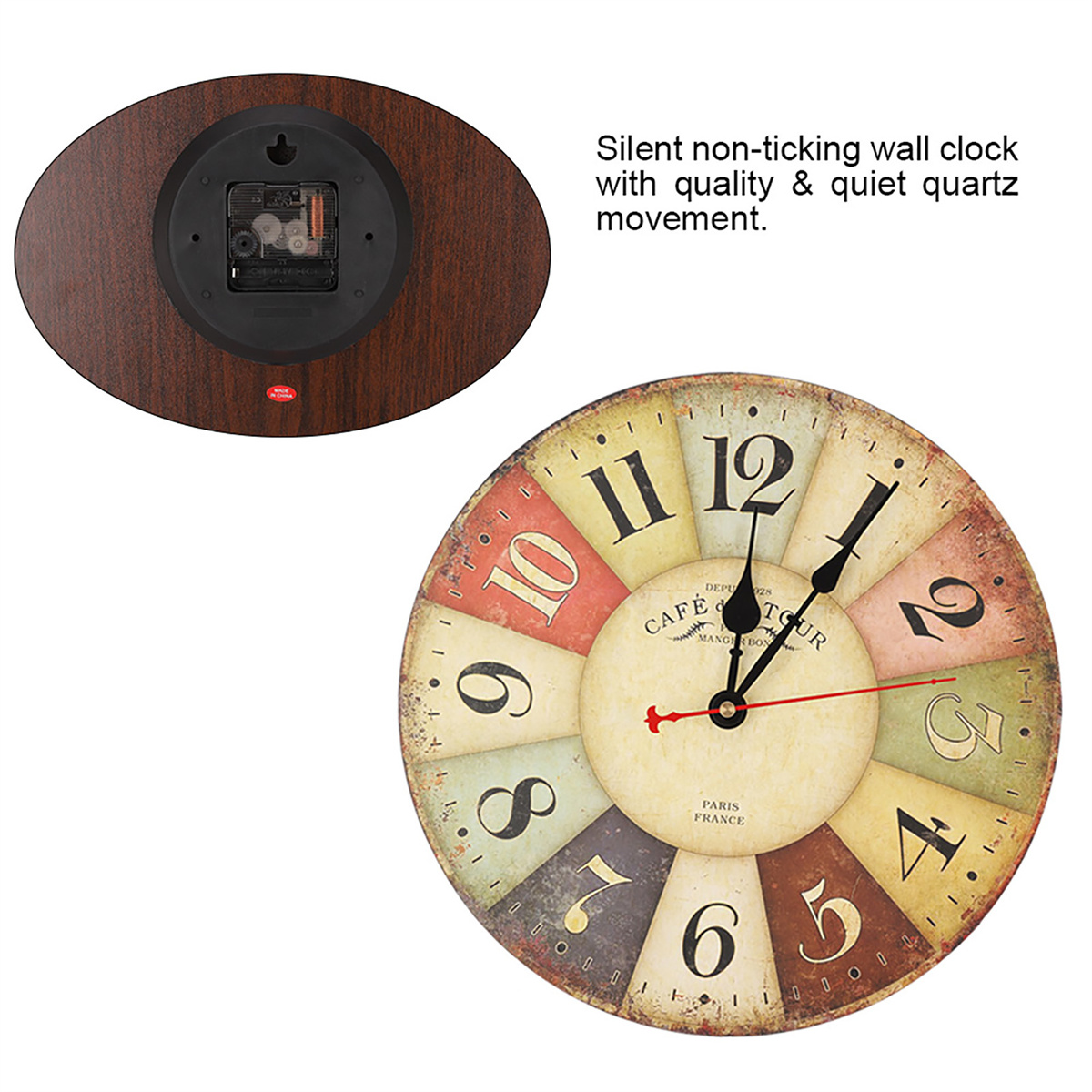 Eine ovale Wanduhr mit Holzrücken und buntem Zifferblatt, zeigt die Rückseite.