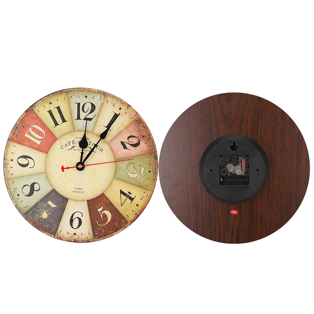 Eine Uhr im antiken Stil mit farbenfrohem Zifferblatt, die Zahlen und Uhrzeit anzeigt. Rückseite zeigt den Mechanismus.