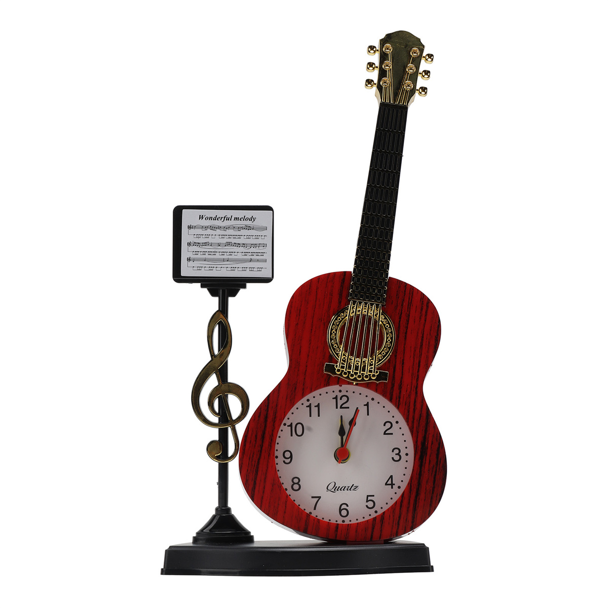 Eine gitarrenförmige Uhr und ein Notenschlüsselständer auf weißem Hintergrund. Die Uhr hat einen roten Korpus und ein weißes Zifferblatt.