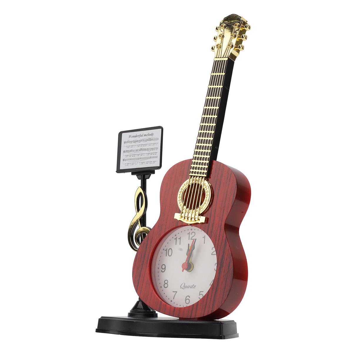 Eine gitarrenförmige Uhr mit Ziffernblatt. Die Gitarre ist rot mit goldenen Details und einem schwarzen Ständer.