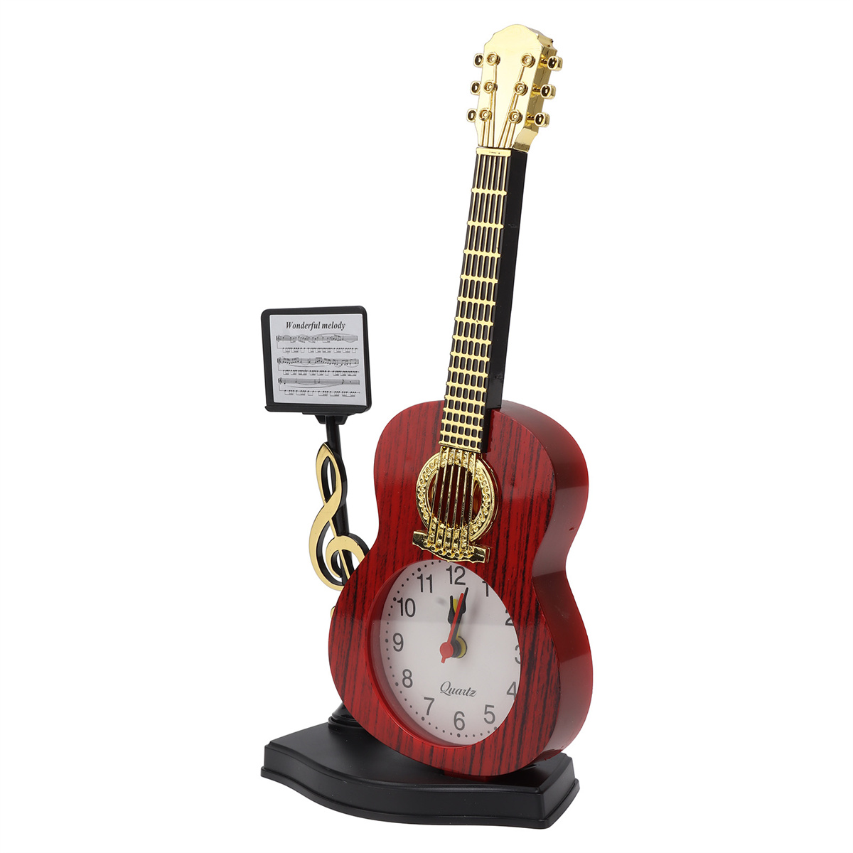 Eine gitarrenförmige Uhr. Sie ist rot mit Ziffernblatt und Notenhalter.
