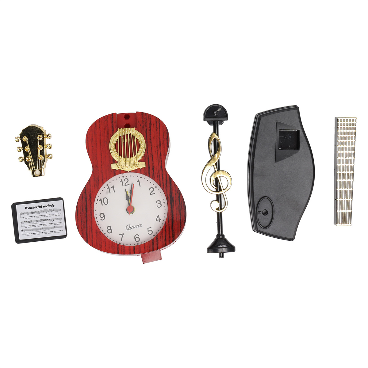 Eine gitarrenförmige Uhr mit einem Notenschlüssel, einem Notenblatt und anderen musikalischen Elementen.