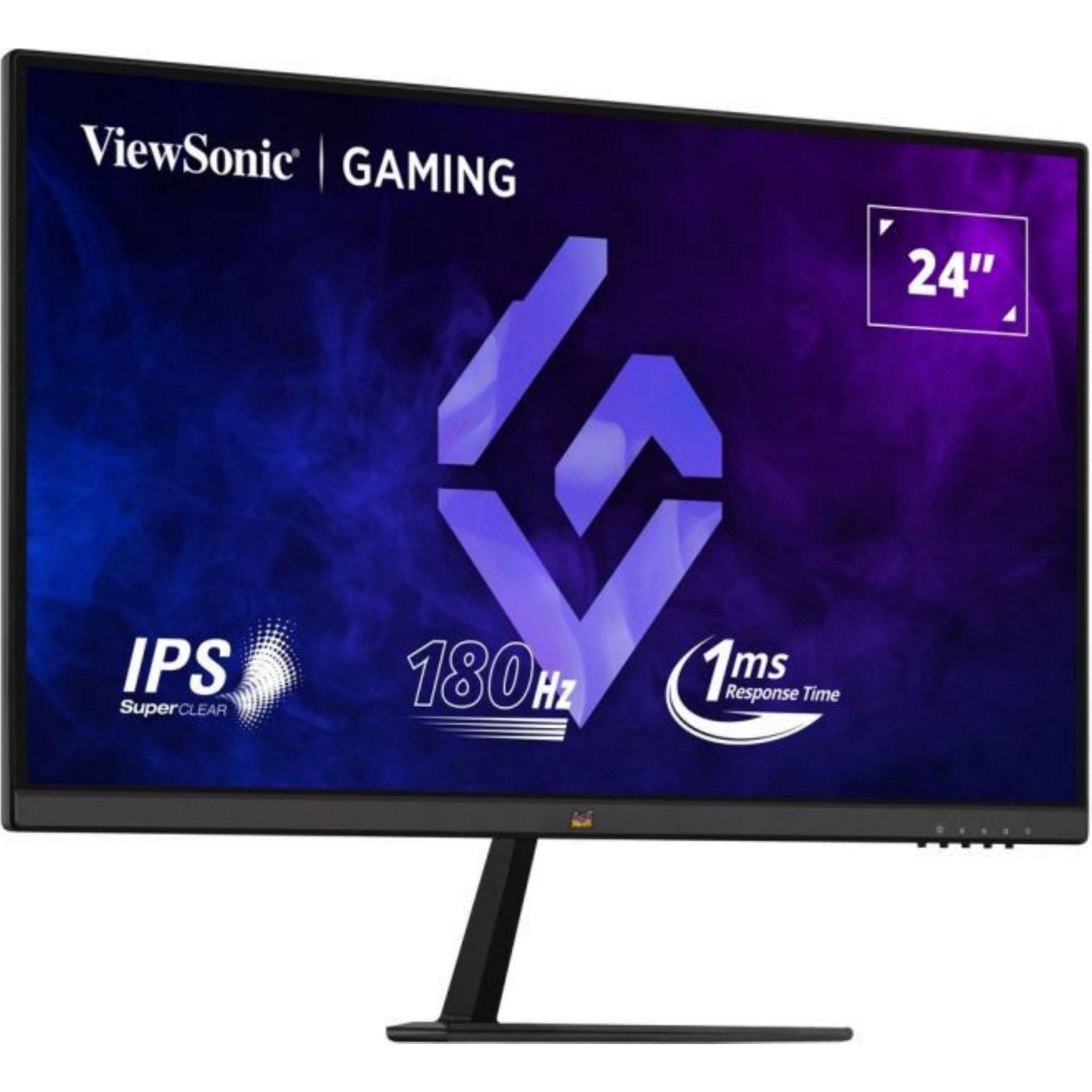 Ein schwarzer Gaming-Monitor zeigt Text und ein Logo. Merkmale sind 180 Hz, 1 ms Reaktionszeit und 24 Zoll.