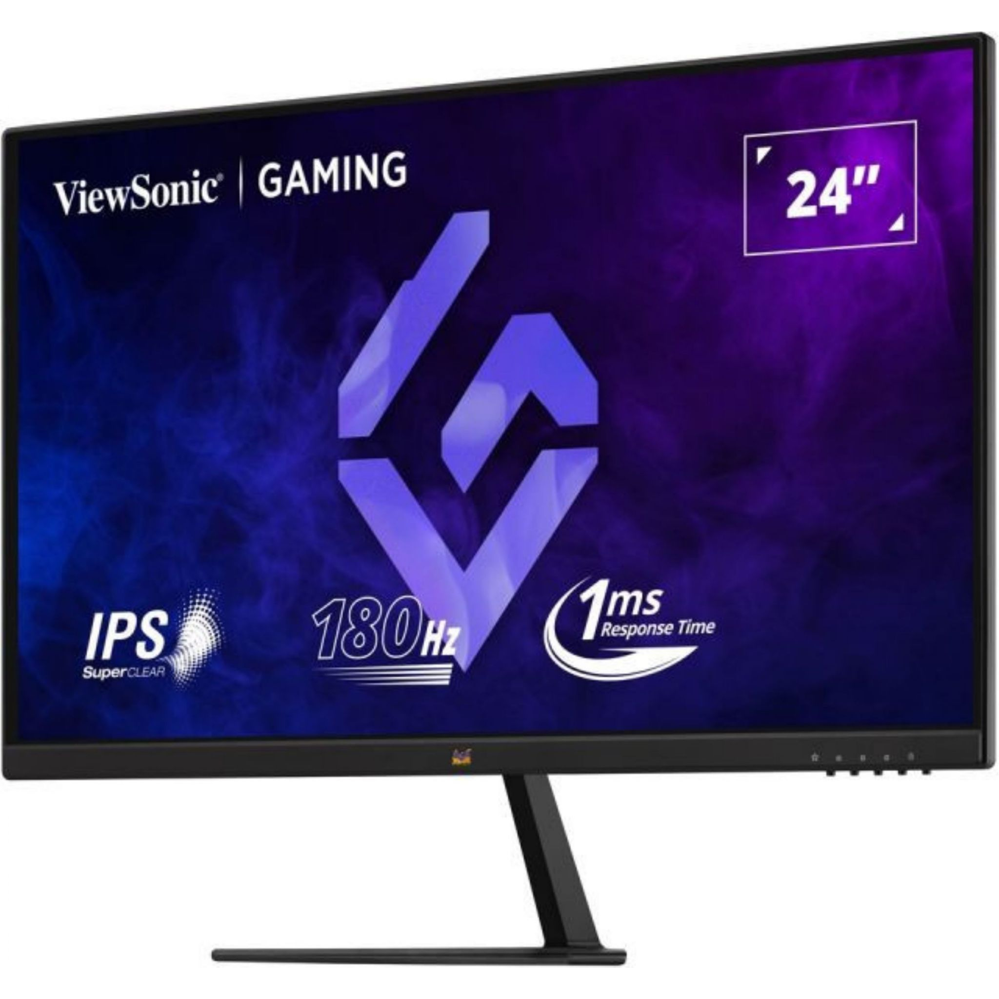 24" Gaming-Monitor mit schwarzem Ständer, der Text und Grafiken anzeigt. Enthält IPS und 180Hz-Funktionen.
