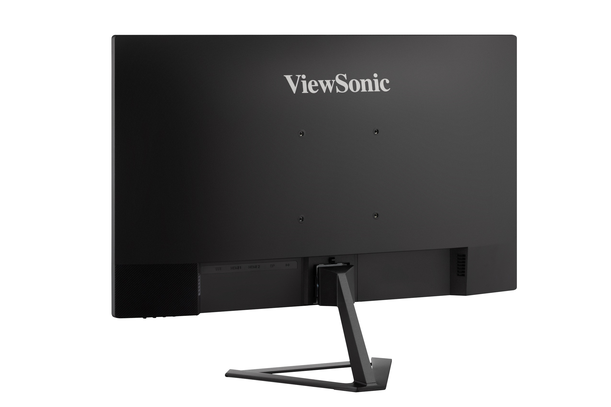 Schwarzer ViewSonic-Monitor, Rückansicht. Enthält Anschlüsse und Ständer, mit weißem Hintergrund.