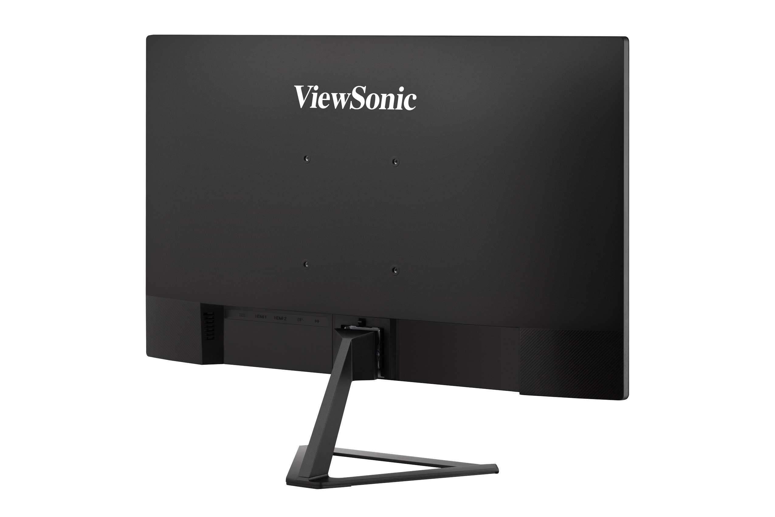 Rückansicht eines schwarzen ViewSonic-Monitors. Der Ständer und die Anschlüsse sind sichtbar.
