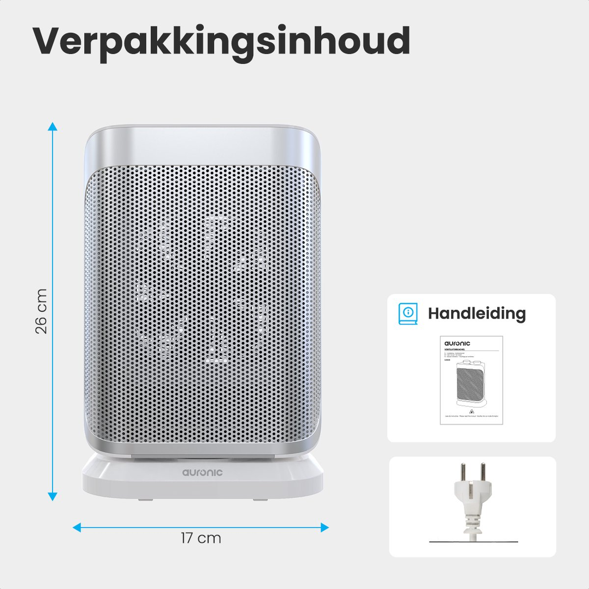 Een witte kachel met afmetingen en een handleiding. De kachel heeft een geperforeerd ontwerp.