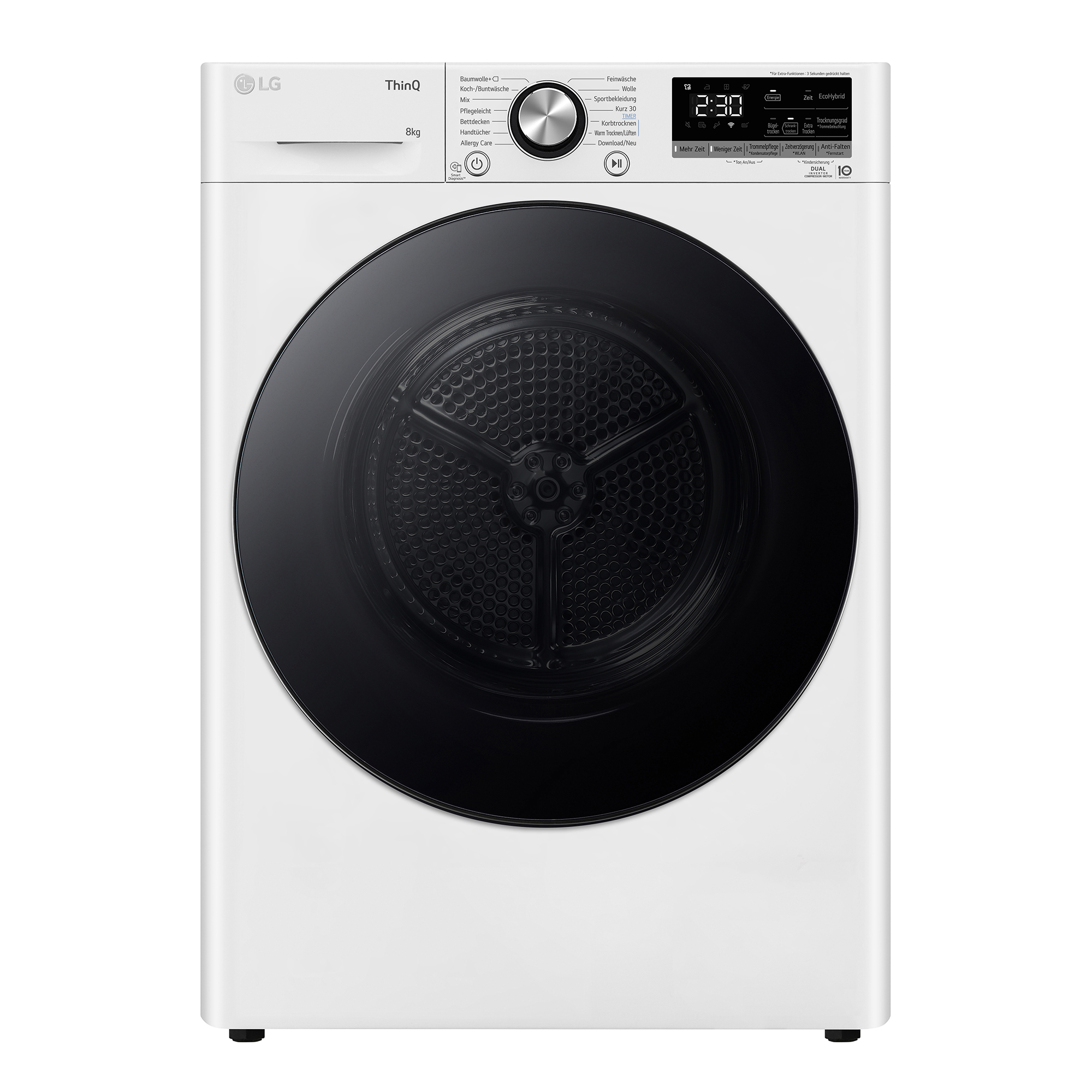 Sèche-linge LG blanc avec porte noire. Il a un affichage numérique de l'heure. Panneau de commande avec options.