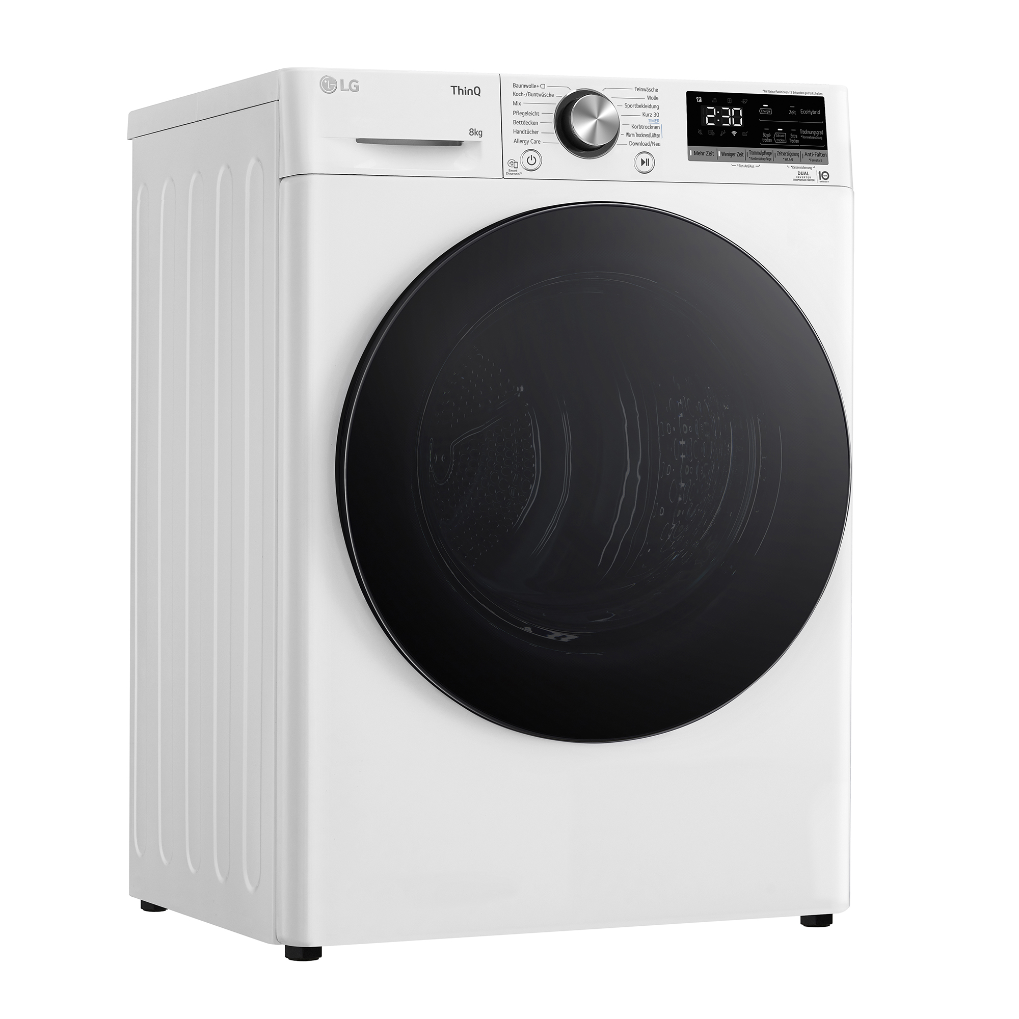 Un sèche-linge LG blanc avec une porte noire. Il possède un panneau de commande avec affichage numérique et réglages.