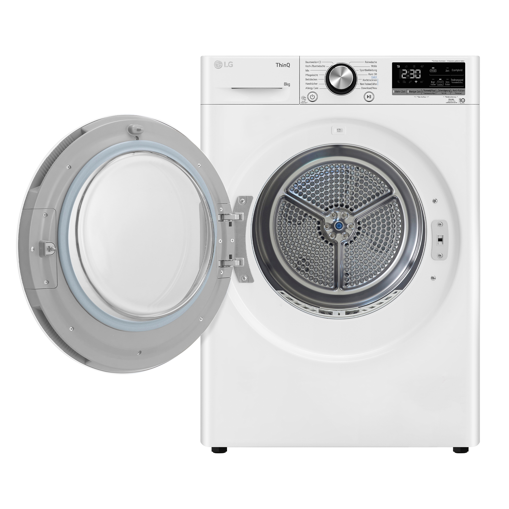 Un sèche-linge LG blanc avec une porte ouverte. Le tambour intérieur est visible. Un écran affiche l'heure.