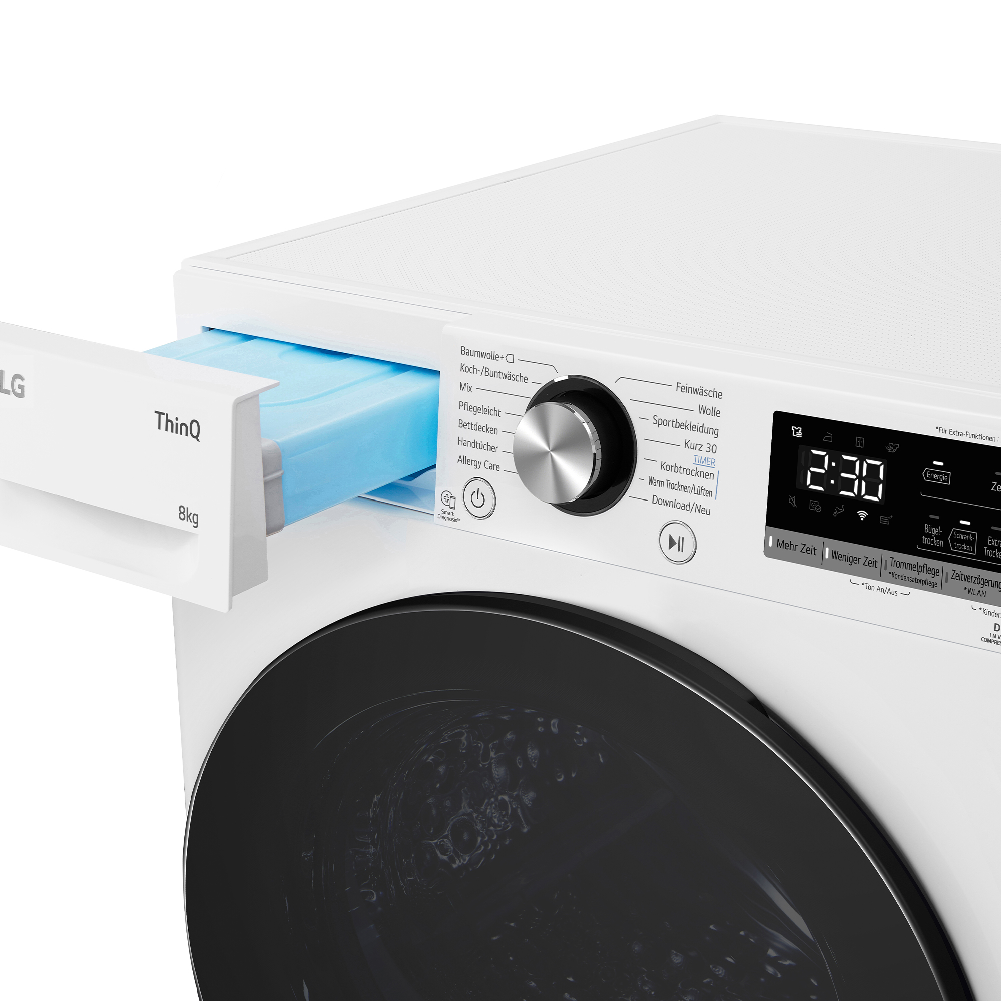 Un lave-linge LG blanc avec un tiroir à détergent bleu ouvert. Il a un affichage numérique indiquant 2:30 et divers boutons.