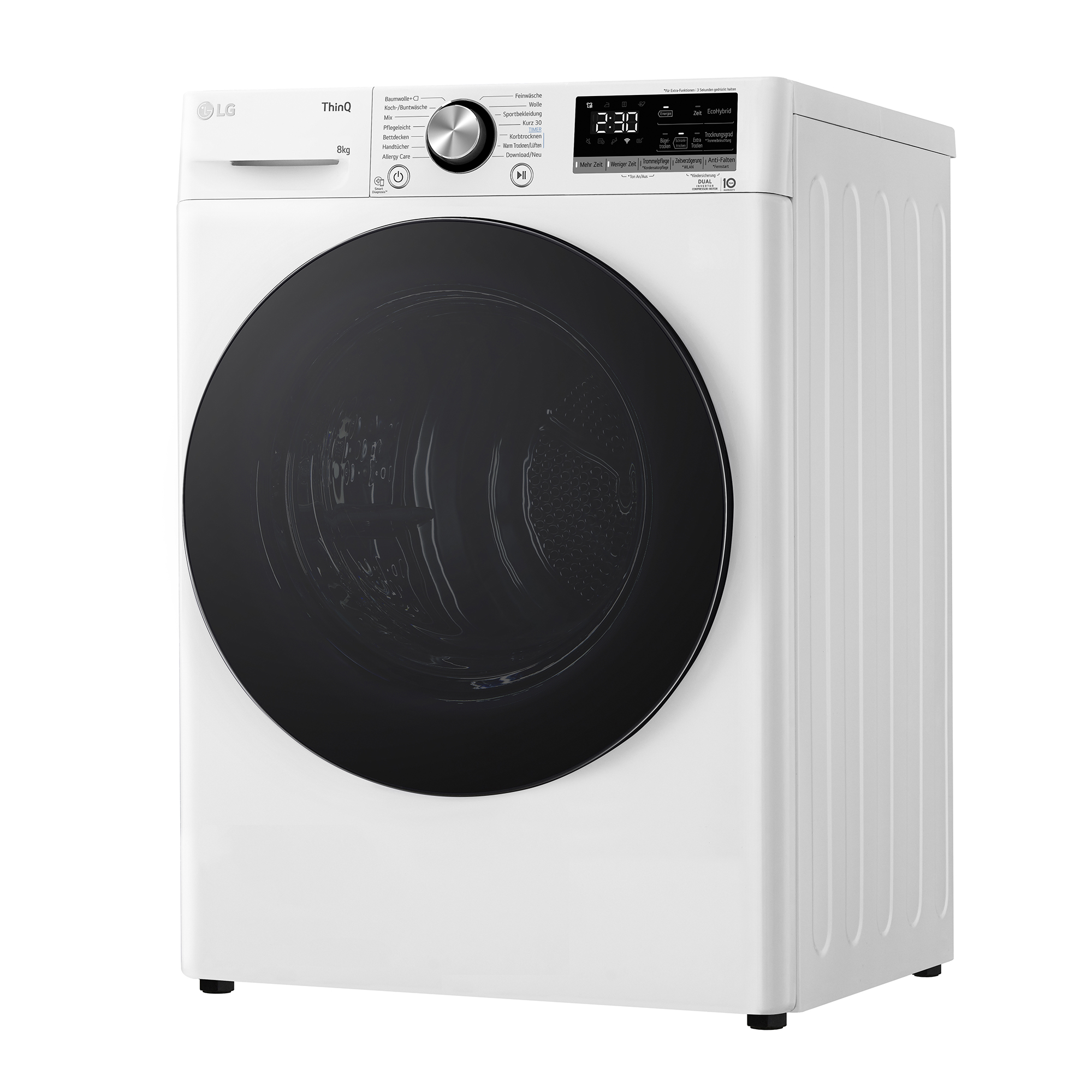 Sèche-linge LG blanc avec porte noire, panneau de commande et affichage numérique. L'heure affichée est 2:30.