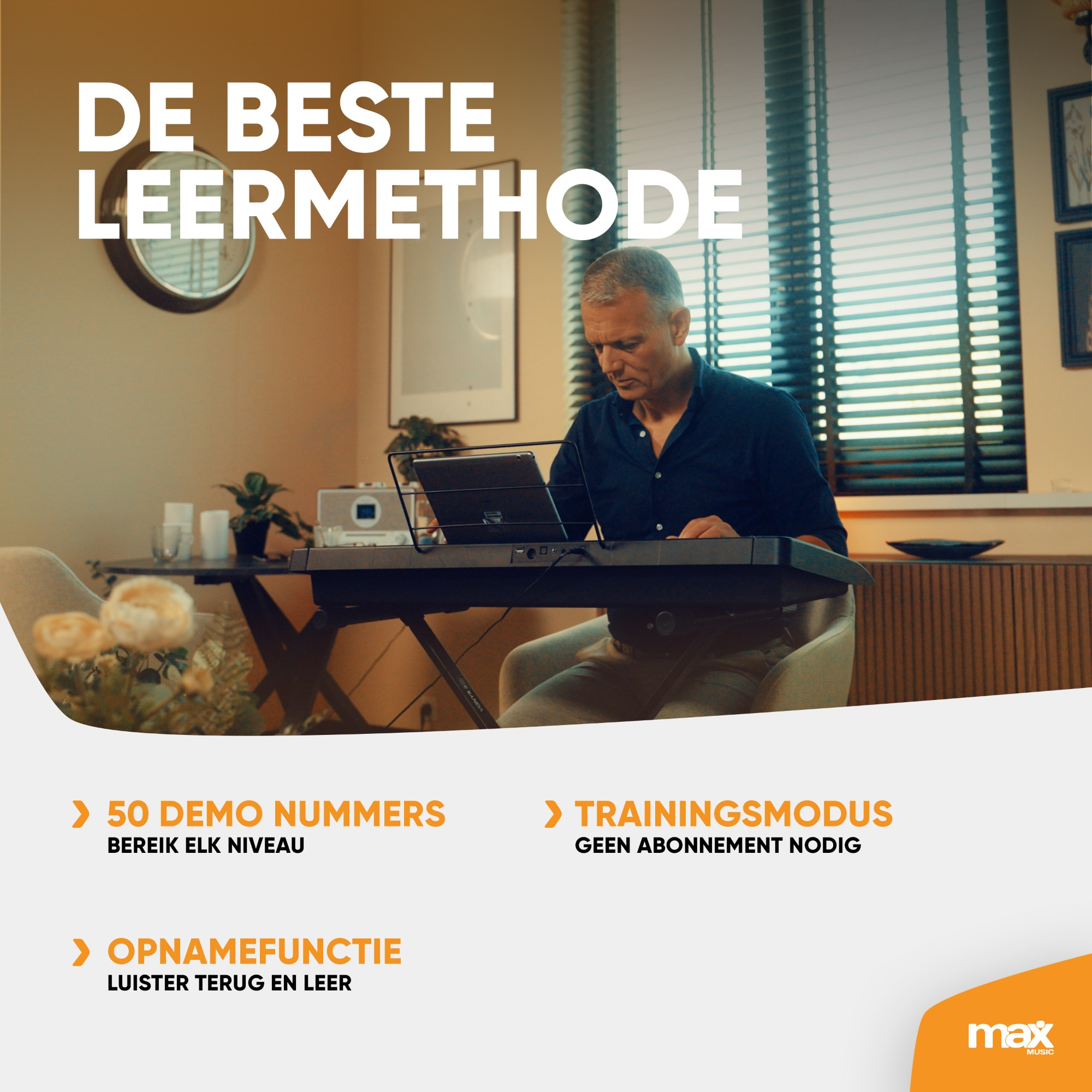 Mann am Keyboard mit Text 'DE BESTE LEERMETHODE' und anderem Text über das Lernen.